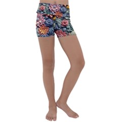 3d Flower Bloom Embossed Pattern Kids  Lightweight Velour Yoga Shorts by Vaneshop