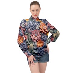 3d Flower Bloom Embossed Pattern High Neck Long Sleeve Chiffon Top by Vaneshop