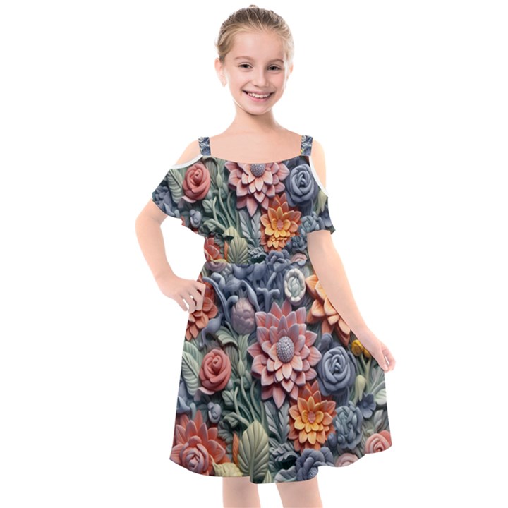 3d Flower Bloom Embossed Pattern Kids  Cut Out Shoulders Chiffon Dress