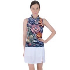 3d Flower Bloom Embossed Pattern Women s Sleeveless Polo Tee by Vaneshop