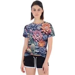 3d Flower Bloom Embossed Pattern Open Back Sport Tee by Vaneshop