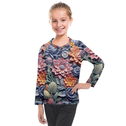 3d Flower Bloom Embossed Pattern Kids  Long Mesh Tee by Vaneshop