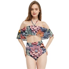 3d Flower Bloom Embossed Pattern Halter Flowy Bikini Set  by Vaneshop