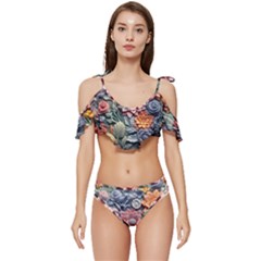 3d Flower Bloom Embossed Pattern Ruffle Edge Tie Up Bikini Set	 by Vaneshop