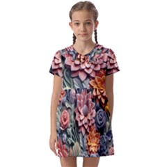 3d Flower Bloom Embossed Pattern Kids  Asymmetric Collar Dress by Vaneshop