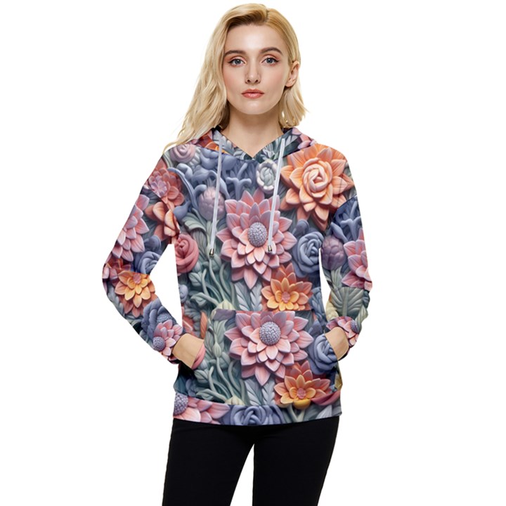 3d Flower Bloom Embossed Pattern Women s Lightweight Drawstring Hoodie