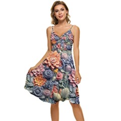 3d Flower Bloom Embossed Pattern Sleeveless Tie Front Chiffon Dress