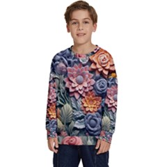 3d Flower Bloom Embossed Pattern Kids  Long Sleeve Jersey