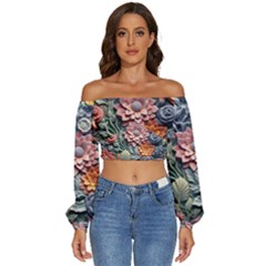 3d Flower Bloom Embossed Pattern Long Sleeve Crinkled Weave Crop Top by Vaneshop