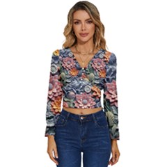 3d Flower Bloom Embossed Pattern Long Sleeve V-neck Top by Vaneshop