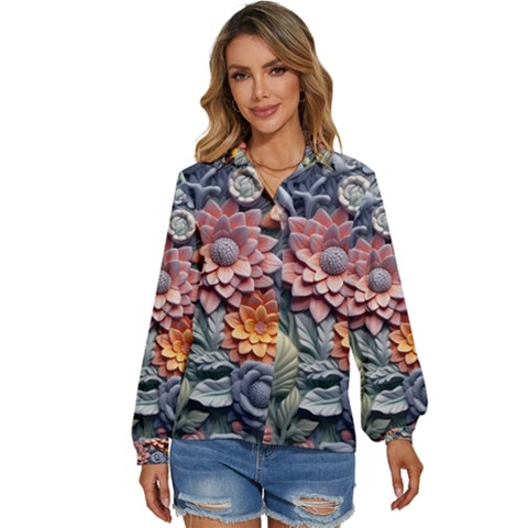 3d Flower Bloom Embossed Pattern Women s Long Sleeve Button Up Shirt by Vaneshop