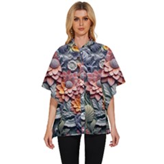 3d Flower Bloom Embossed Pattern Women s Batwing Button Up Shirt