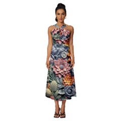 3d Flower Bloom Embossed Pattern Sleeveless Cross Front Cocktail Midi Chiffon Dress by Vaneshop