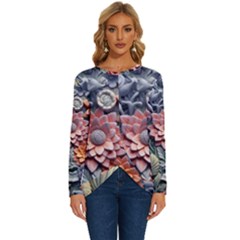 3d Flower Bloom Embossed Pattern Long Sleeve Crew Neck Pullover Top by Vaneshop