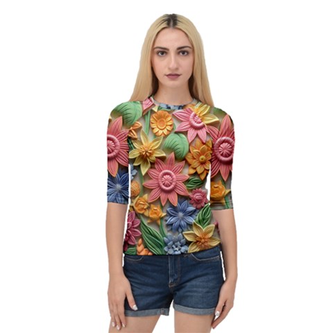 Flower Bloom Embossed Pattern Quarter Sleeve Raglan Tee by Vaneshop