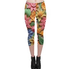 Flower Bloom Embossed Pattern Capri Leggings  by Vaneshop