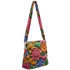 Flower Bloom Embossed Pattern Zipper Messenger Bag by Vaneshop