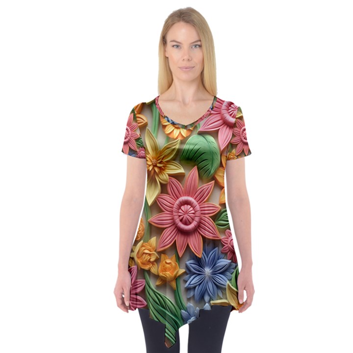 Flower Bloom Embossed Pattern Short Sleeve Tunic 