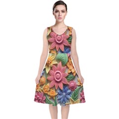 Flower Bloom Embossed Pattern V-neck Midi Sleeveless Dress  by Vaneshop