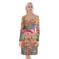 Flower Bloom Embossed Pattern Long Sleeve Velvet Front Wrap Dress by Vaneshop