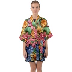 Flower Bloom Embossed Pattern Half Sleeve Satin Kimono  by Vaneshop