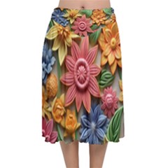 Flower Bloom Embossed Pattern Velvet Flared Midi Skirt by Vaneshop