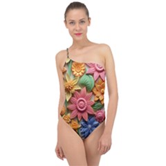 Flower Bloom Embossed Pattern Classic One Shoulder Swimsuit by Vaneshop