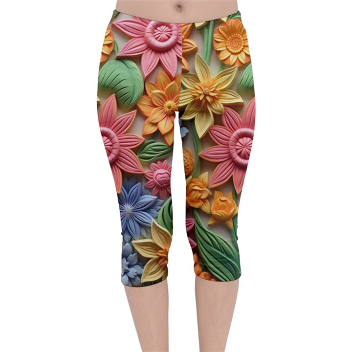 Flower Bloom Embossed Pattern Velvet Capri Leggings 