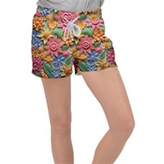 Flower Bloom Embossed Pattern Women s Velour Lounge Shorts by Vaneshop