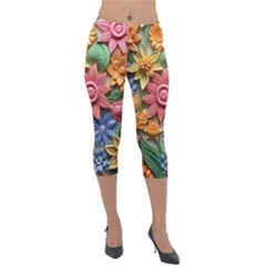 Flower Bloom Embossed Pattern Lightweight Velour Capri Leggings  by Vaneshop