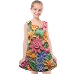 Flower Bloom Embossed Pattern Kids  Cross Back Dress by Vaneshop