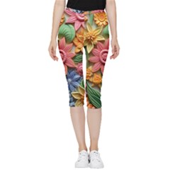 Flower Bloom Embossed Pattern Inside Out Lightweight Velour Capri Leggings  by Vaneshop