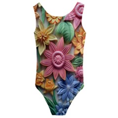 Flower Bloom Embossed Pattern Kids  Cut-out Back One Piece Swimsuit by Vaneshop