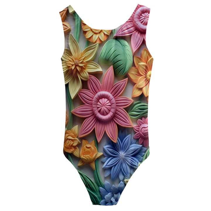 Flower Bloom Embossed Pattern Kids  Cut-Out Back One Piece Swimsuit