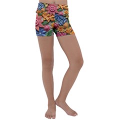 Flower Bloom Embossed Pattern Kids  Lightweight Velour Yoga Shorts by Vaneshop