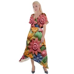 Flower Bloom Embossed Pattern Cross Front Sharkbite Hem Maxi Dress