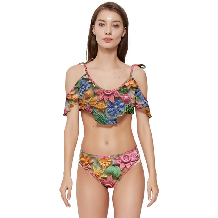 Flower Bloom Embossed Pattern Ruffle Edge Tie Up Bikini Set	