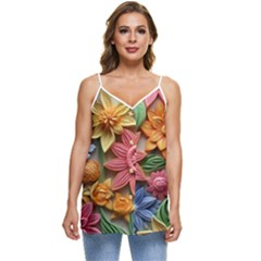 Flower Bloom Embossed Pattern Casual Spaghetti Strap Chiffon Top