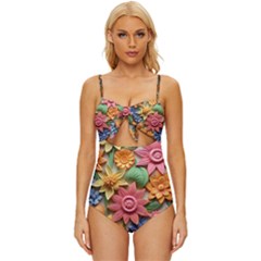 Flower Bloom Embossed Pattern Knot Front One-piece Swimsuit