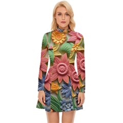 Flower Bloom Embossed Pattern Long Sleeve Velour Longline Dress by Vaneshop