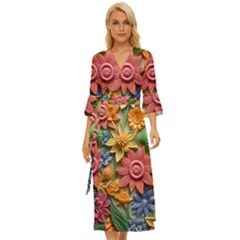 Flower Bloom Embossed Pattern Midsummer Wrap Dress