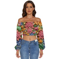 Flower Bloom Embossed Pattern Long Sleeve Crinkled Weave Crop Top by Vaneshop