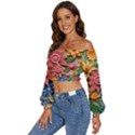 Flower Bloom Embossed Pattern Long Sleeve Crinkled Weave Crop Top View2