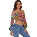 Flower Bloom Embossed Pattern Long Sleeve Crinkled Weave Crop Top View3