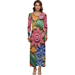 Flower Bloom Embossed Pattern Long Sleeve Longline Maxi Dress