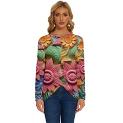 Flower Bloom Embossed Pattern Long Sleeve Crew Neck Pullover Top by Vaneshop