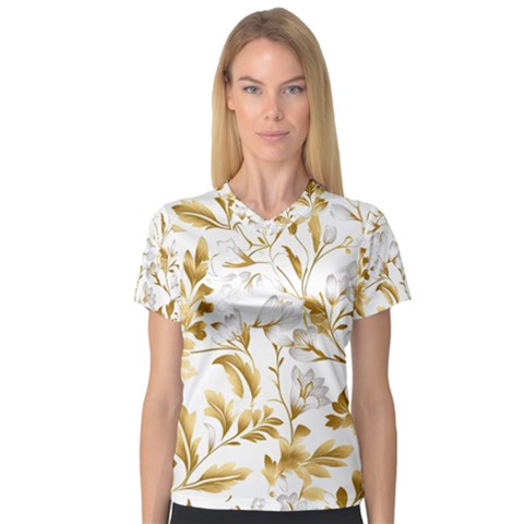 Flowers Gold Floral V-neck Sport Mesh Tee by Vaneshop