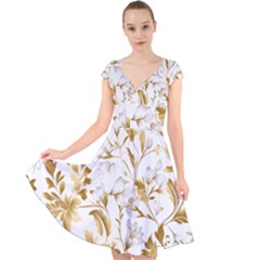 Flowers Gold Floral Cap Sleeve Front Wrap Midi Dress