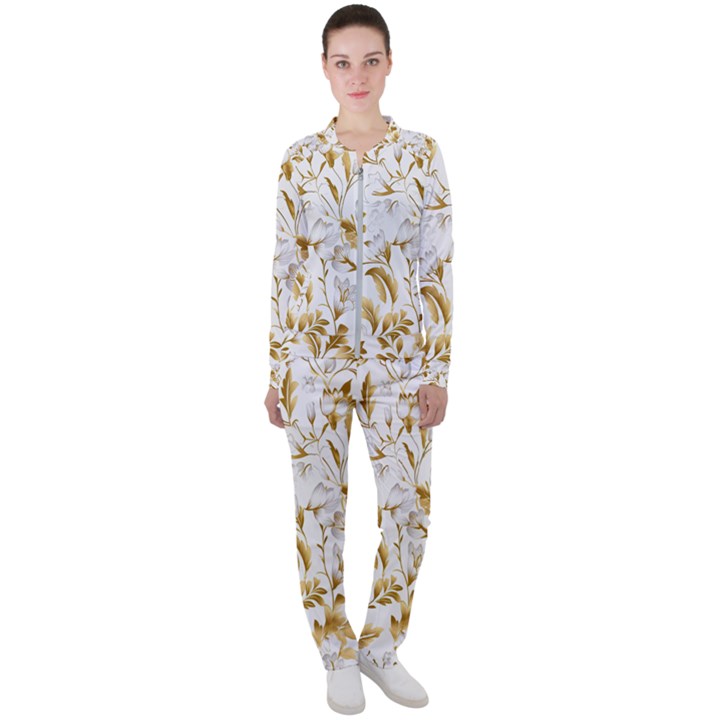 Flowers Gold Floral Casual Jacket and Pants Set