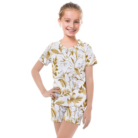 Flowers Gold Floral Kids  Mesh Tee And Shorts Set by Vaneshop